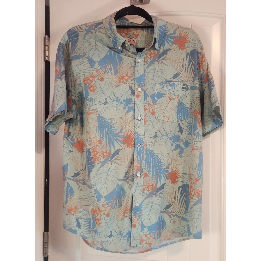 HUK Kona Radical Botanical Button Down Fishing Camp Short Sleeve Shirt Men's Med